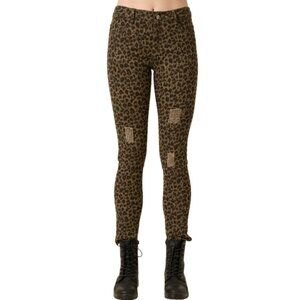Leopard Print Distressed Straight Leg Jeans in Olive
